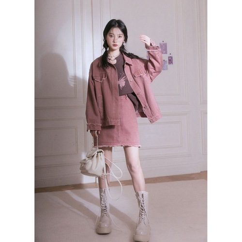 韩版网红开春季两件套千禧粉棕复古温柔时髦彩牛外套+半身裙套装