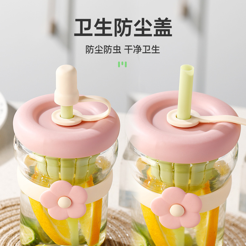 Flower Glass Cup, High-End Household Water Cup with Straw, Tea and Water Separation Cup, Gift Cup, Flower Tea Cup
