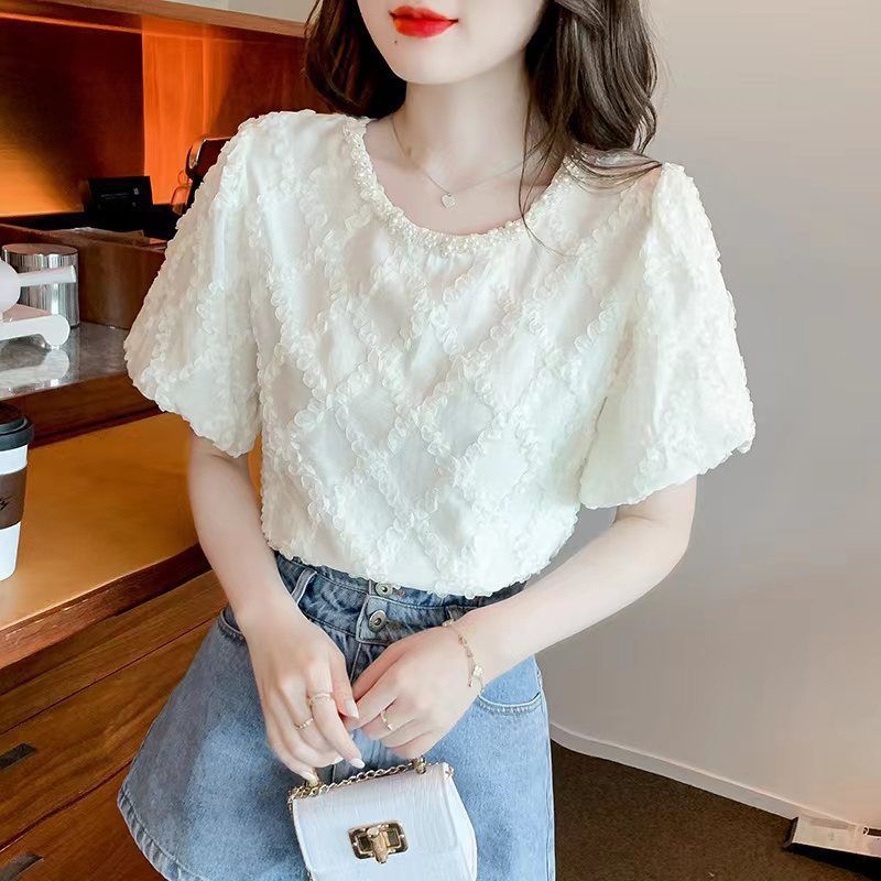 Lace Chiffon Shirt 2024 Summer New TikTok Sense Bubble Sleeve Stylish Small Shirt
