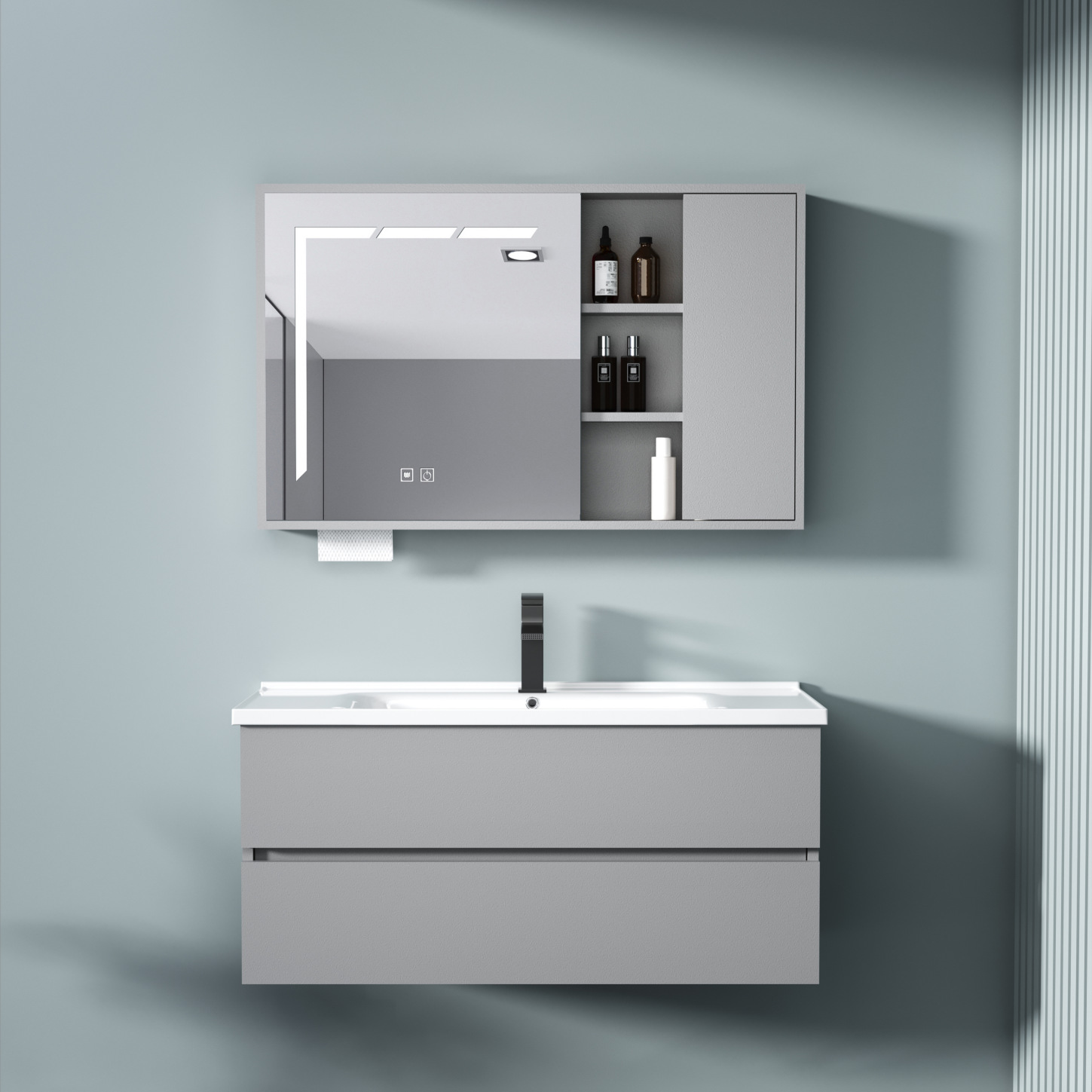 Gabinete de baño azul gris combinado cerámica lavabo lava