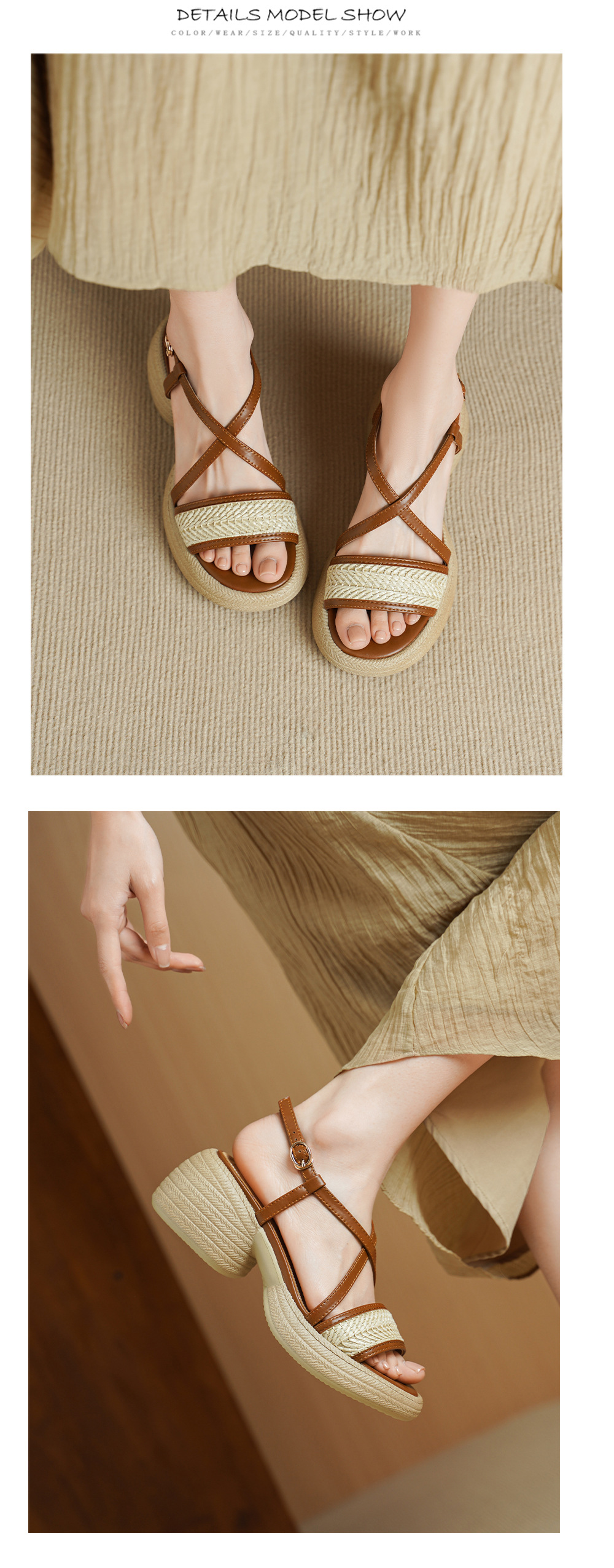 Sandal cao gót nữ mũi hở quai chéo khóa ngang gót dày — Màu nâu nhạt chi tiết 9