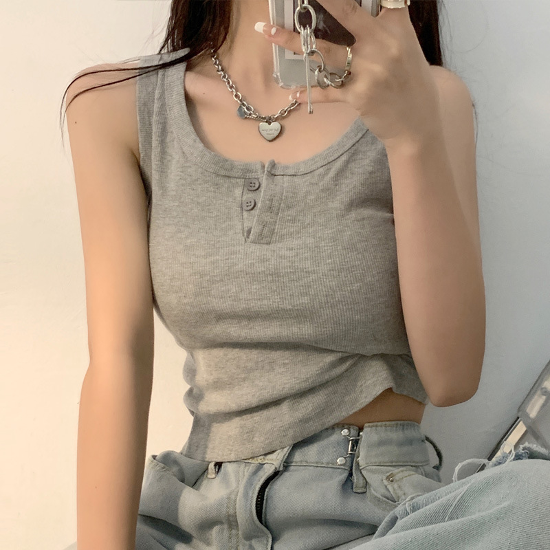 Summer new small tank for women with buttons, slim fit and slimming effect, solid color Korean sleeveless top_voghion.com