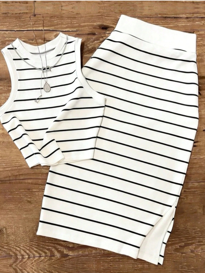 Blusa corta sin mangas de punto roscado para mujeres transfronterizas con traje de falda corta casual y elegante juego de dos piezas