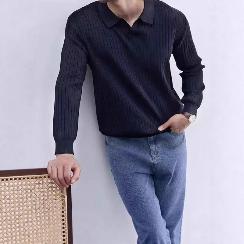 Cross-Border Men's Clothing | Lapel Sweater Men's Autumn Anti-Pilling V Neck Long Sleeve Top Loose Polo Collar Men's Knitwear