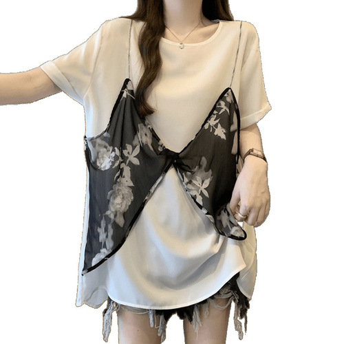 Fake two-piece chiffon short-sleeve T-shirt for women, summer, plus-size, loose-fitting, belly-covering, mid-length, oversized, stylish floral top