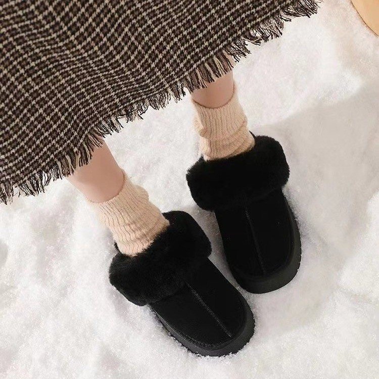 Winter Warm Snow Boots for Outer Wear 2025 New Cotton Shoes Fleece-Lined Toe Half Drag Internet Celebrity Thick-Soled Furry Slippers for Women
