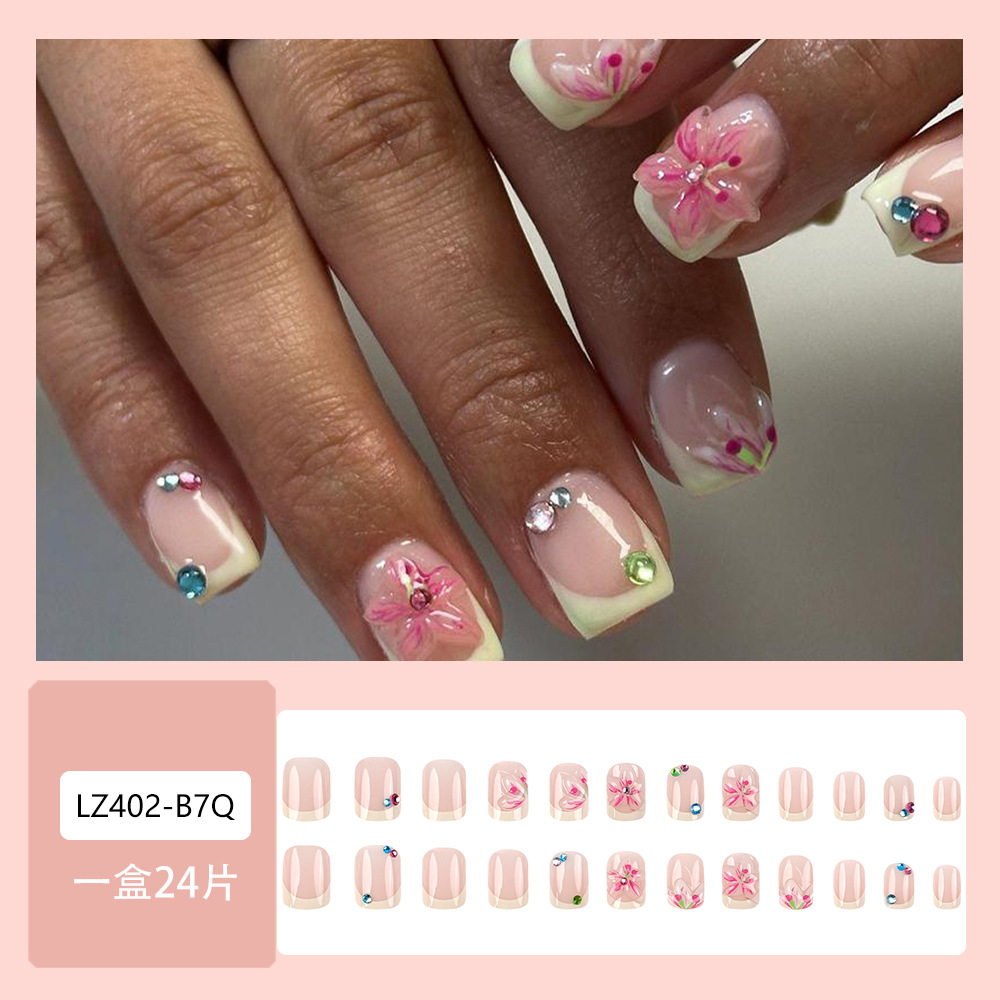 3D flores tridimensionales manijas falsas francesas comercio exterior polvo desnudo con diamantes 24 piezas de uñas blanqueadoras suaves lote mixto