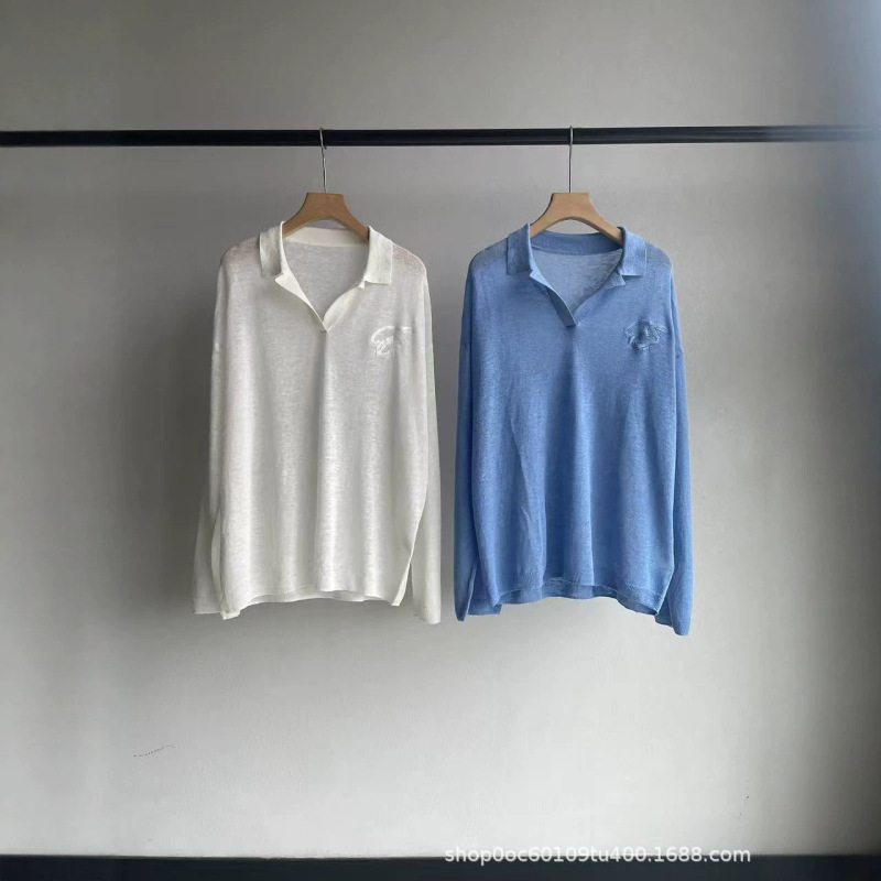 26 Summer Hemp-Linen Blend Knitwear Loose and Lazy Textured Polo Collar Summer Sun Protection Long-Sleeved T-Shirt 26 Summer Hemp-Linen Blend Knitwear Loose and Lazy Textured Polo Collar Summer Sun Protection Long-Sleeved T-Shirt