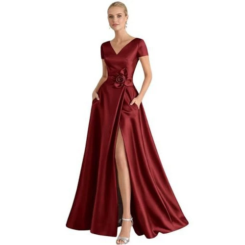 Independent brand V-neck satin evening dress with three-dimensional floral design, high slit, long style, banquet host dress, cross-border supply for women Independent brand V-neck satin evening dress with three-dimensional floral design, high slit, long style, banquet host dress, cross-border supply for women
