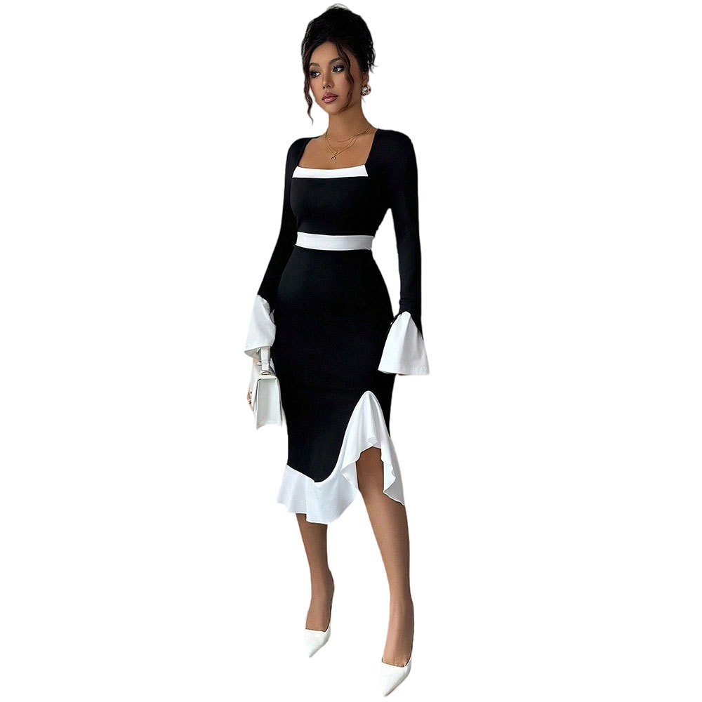 Women's Elegant Slim Fit Long-Sleeve Ruffle Dress
