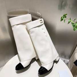 法式小香风圆头拼色骑士靴女百搭粗跟高筒靴皮不过膝长靴裤管靴