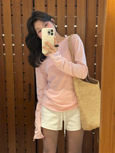 韩系粉色圆领卷边长袖T恤女春夏季修身显瘦内搭打底罩衫薄款上衣