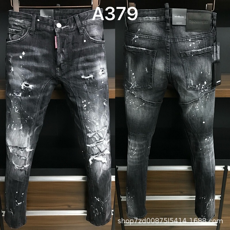 A379 Ripped Jeans with Rhinestones, Personalized D2 High Street Fashion Brand Jeans, American Style Cross-Border Men's Denim Pants, European Style Jeans