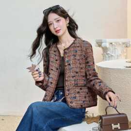 咖色小香风粗花呢短外套女2026秋季圆领开衫气质高级感小个子上衣