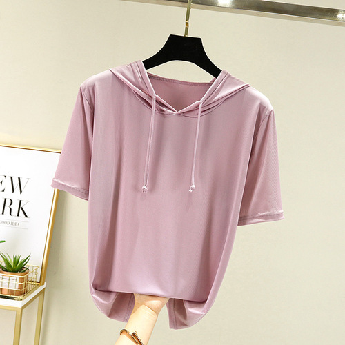 Women's Summer Thin Ice Silk T-Shirt, Color Block Hooded Short Sleeve Sweatshirt, Outerwear Loose Knit Top