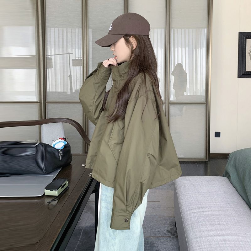 Army Green Retro Workwear Short Jacket for Women 2025 Autum New Korean Style Petite Street Short Jacket Top