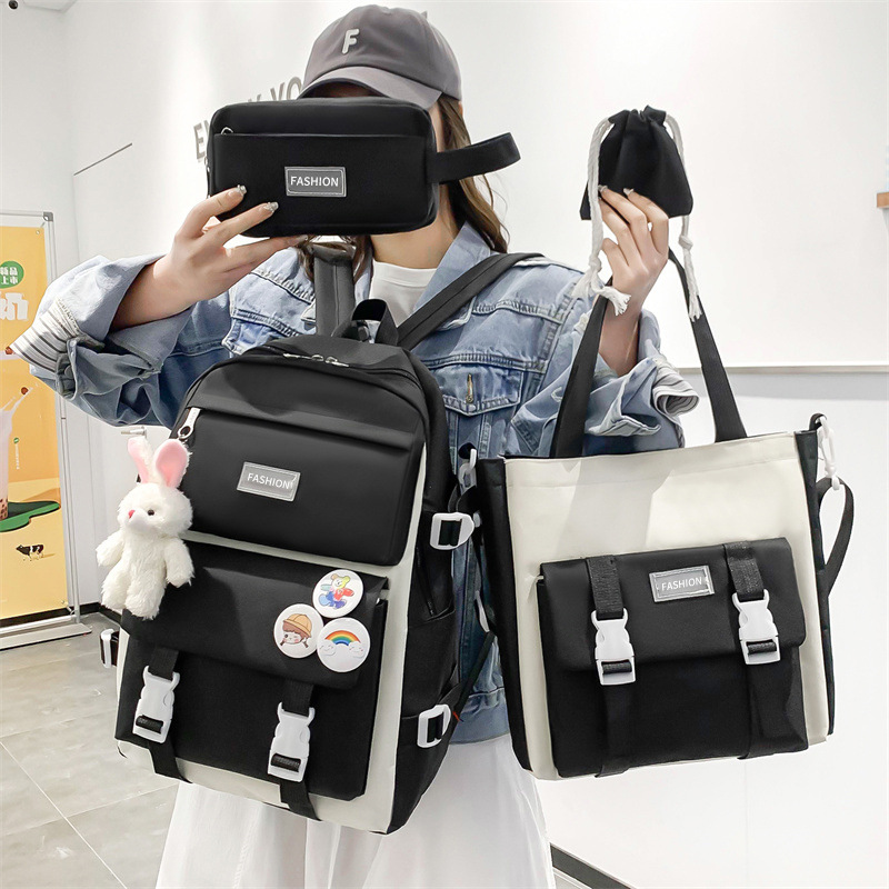 Simple New Style Student Schoolbag Five-Piece Set, Versatile Backpack for Middle and High School Students, Large Capacity Outdoor Travel Backpack