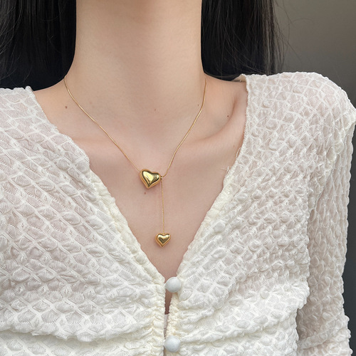 Cross-border simple double heart necklace niche design sense titanium steel peach heart pendant fashion heart-shaped clavicle chain wholesale 