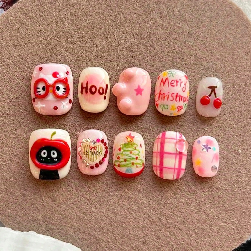 Christmas and New Year's Popular Pink Eyes Kitty Wears Nails Plaid Stereo Childlike Cute Nail Art Patch Ins