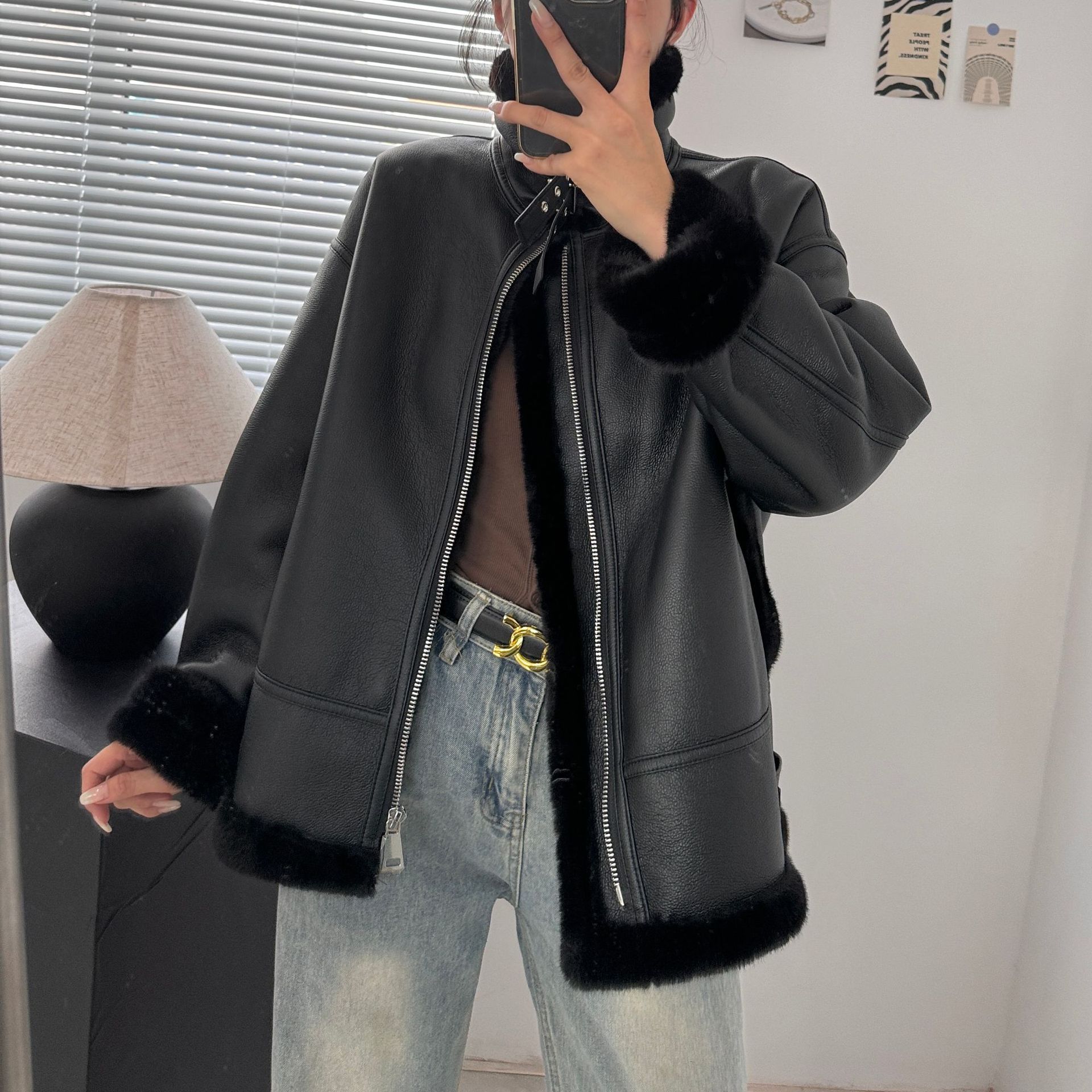 Women's Clothing retro motorcycle style belt decoration stand collar fur lamb wool thick warm coat women's jacket_voghion.com