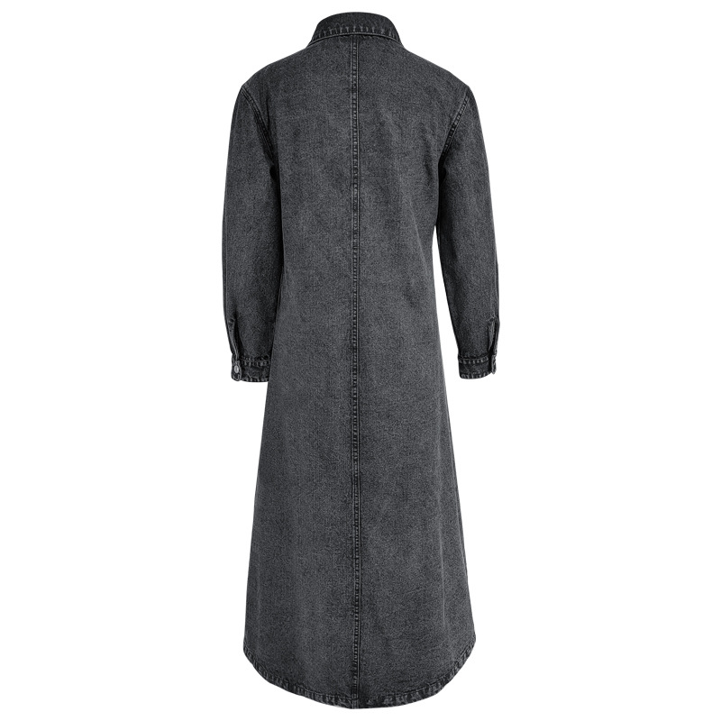 Elegant Long Denim Coat For Women, Mid Blue And Black Trench Style Jacket, Versatile Career Outerwear For Fall_ecoleips.com