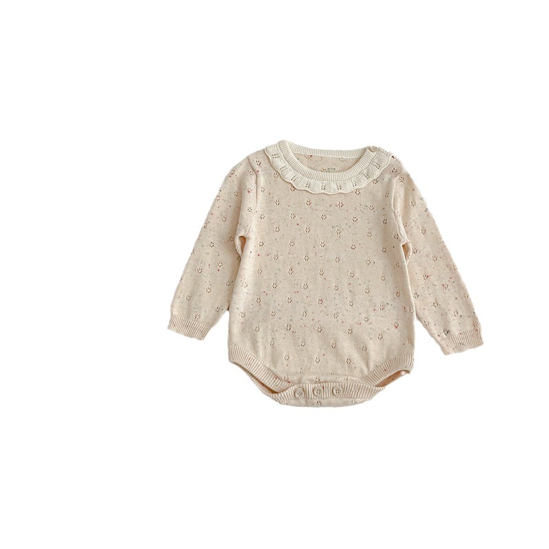 2024 modelos de primavera y otoño niñas bebé color algodón cuello de encaje tejido de lana de una pieza mameluco