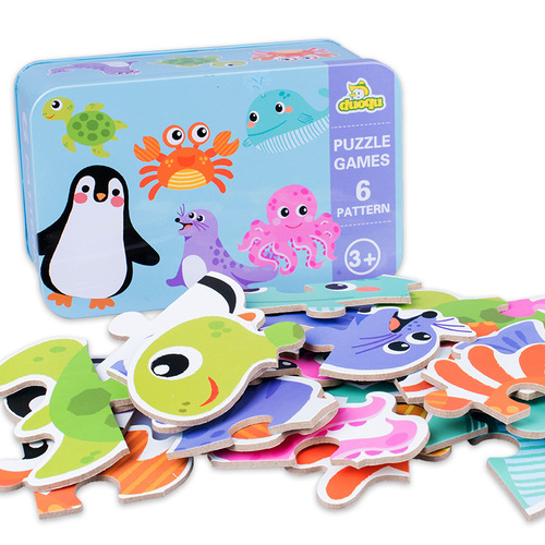 Wooden iron box simple entry-level puzzles for young children early education creative cartoon animal transportation puzzle toys
