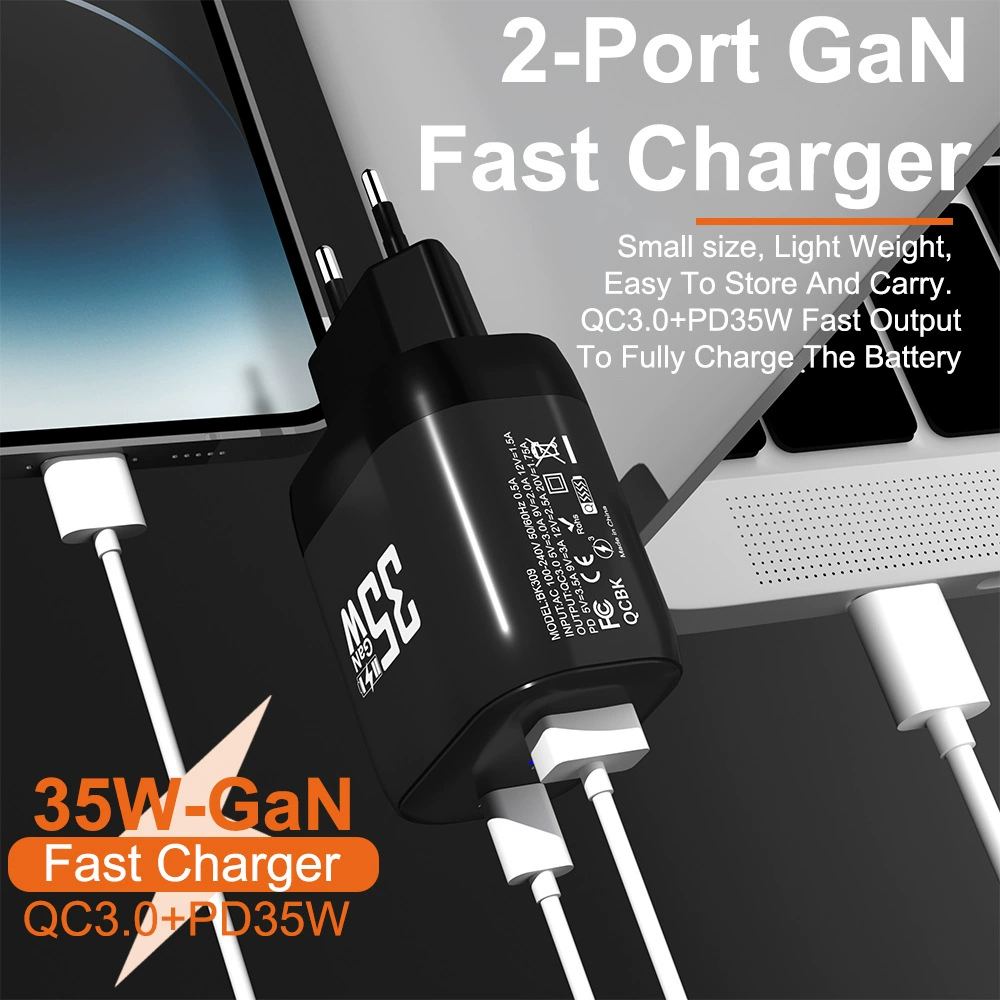 Новая быстрая зарядка QC 3.0 PD35W головка зарядного устройства 9V12V быстрая зарядка GAN европейский американский стандарт USB нитрид зарядка