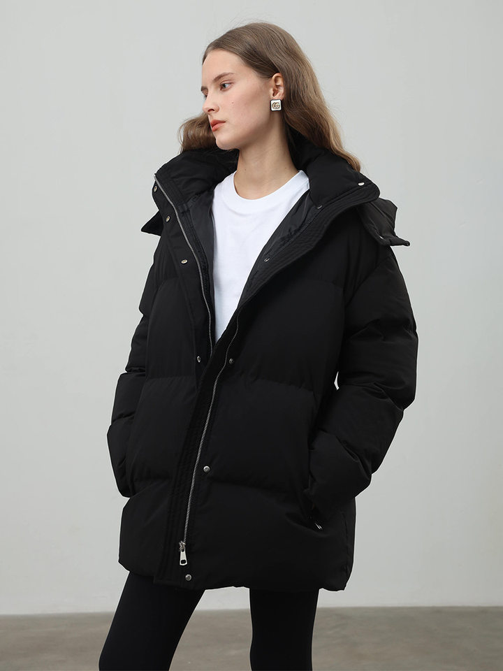 Áo khoác bông nữ có mũ, khóa kéo, thắt eo dáng ôm, dài trung bình, chất liệu polyester dày — màu nâu, màu đen, quả mơ chi tiết 31