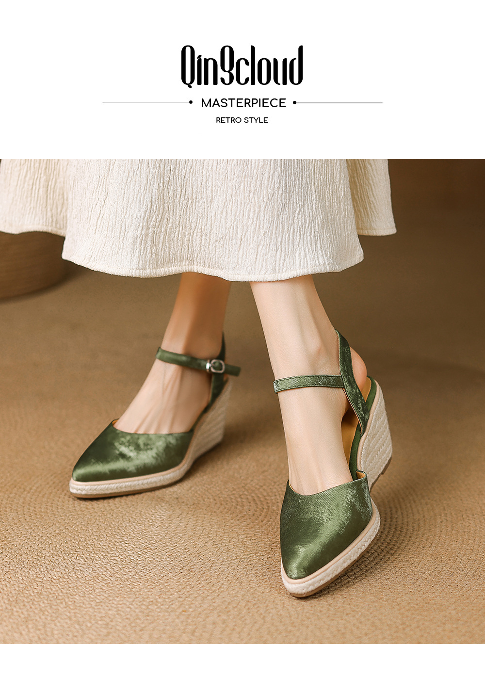 Sandal cao gót nữ phong cách Tân Trung Hoa, mũi kín quai ngang, đế xuồng bện rơm, gót 7 cm — xanh lá cây, màu mơ chi tiết 1