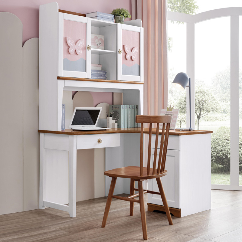 实木儿童书桌书架组合直角写字桌全实木电脑桌学生读书桌北欧简约