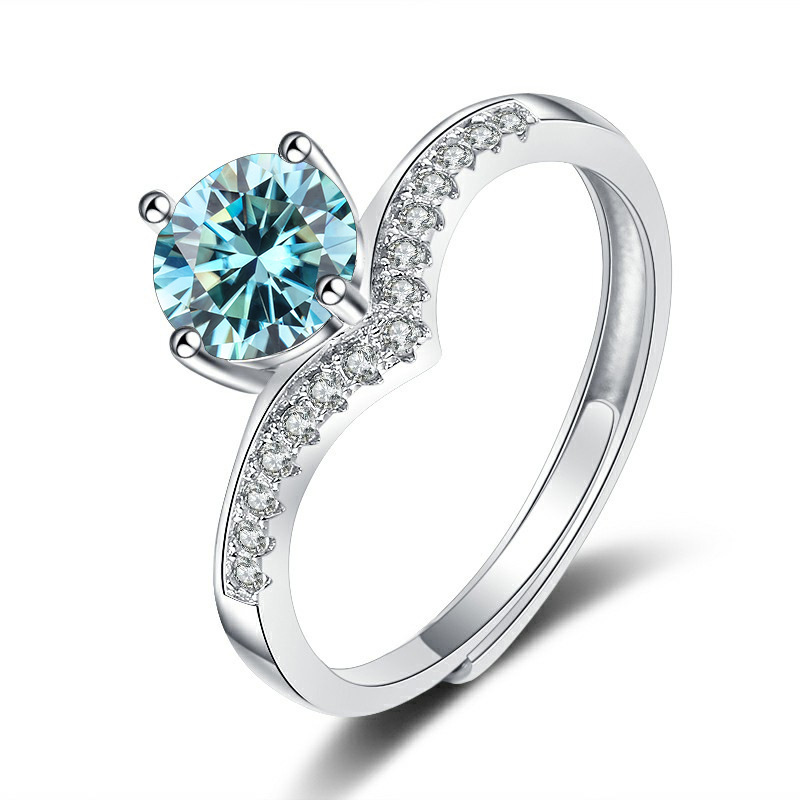 Europa y los Estados Unidos transfronterizos S925 plata plateada 1 / 2 quilates anillo redondo de piedra de moissanita abierta ajustable transmisión en vivo