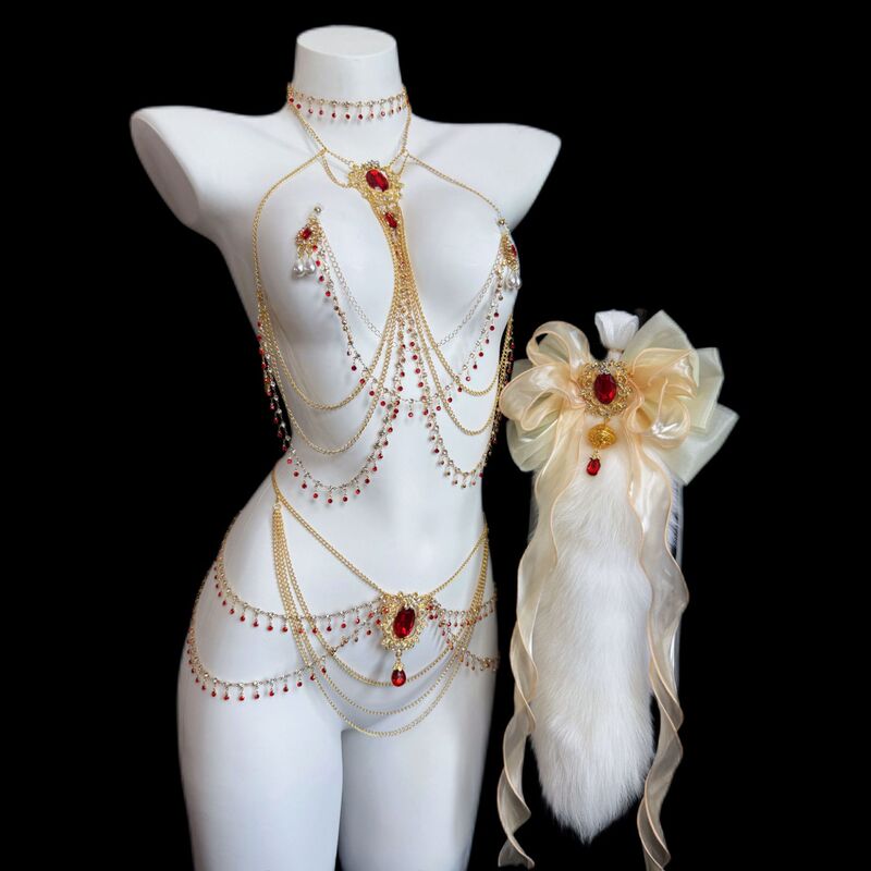 Sexy red body chain, nipple clamps, breast rings, waist chain, multi-layer rhinestone anal plug, tail, SM bondage, and punishment Sexy red body chain, nipple clamps, breast rings, waist chain, multi-layer rhinestone anal plug, tail, SM bondage, and punishment