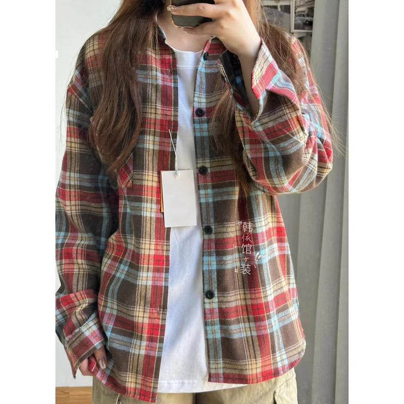 森系橘色格纹衬衫女叠穿年轻ins宽松遮肉显瘦长袖衬衣外搭开衫潮|undefined