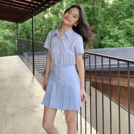 蓝色条纹衬衫连衣裙女2026夏季新款小个子洋气减龄学院风中长裙子