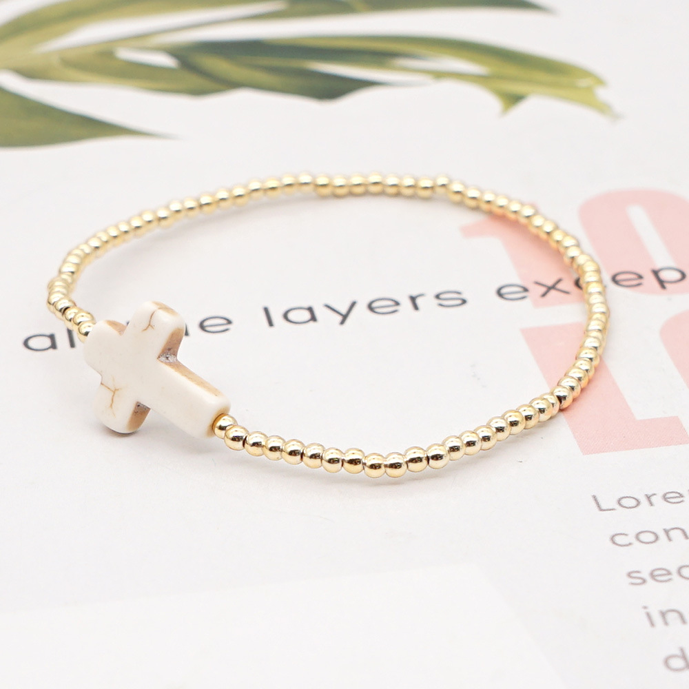 New Simple Acrylic Gold-plated Non-fading Beaded White Turquoise Cross Bracelet display picture 1