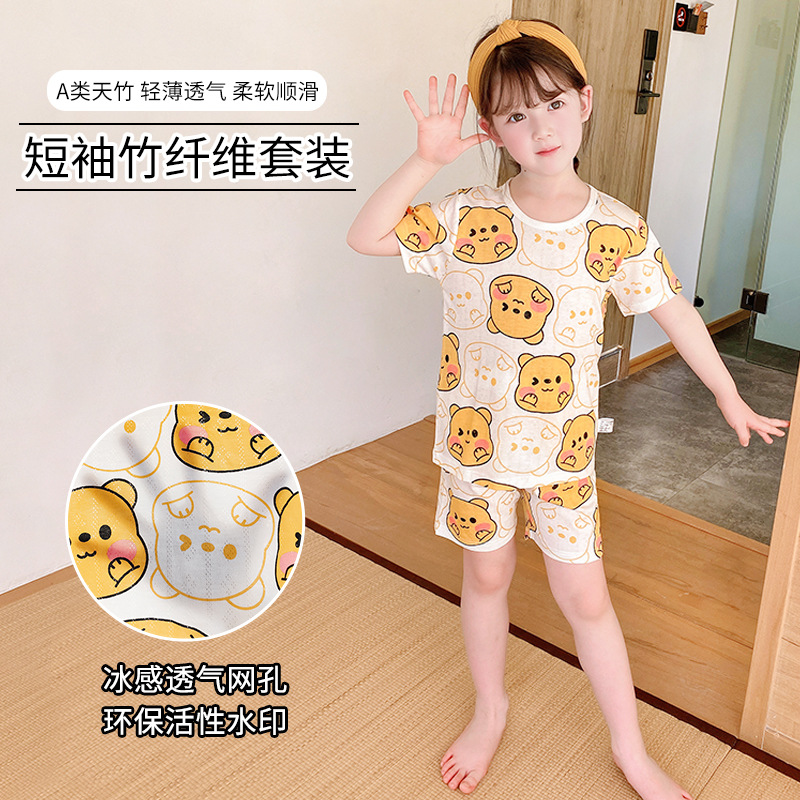 Children's Short-Sleeved Pajamas Set, Pure Cotton Thin Baby Air-Conditioning Clothing, Boys' Summer Clothing, Little Girls' Cartoon Breathable Clothing