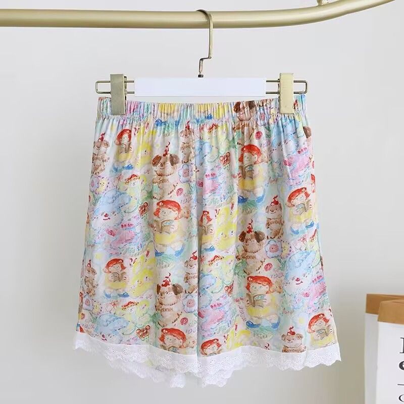 Venta al por mayor transfronteriza de nuevo estilo con almohadilla para el pecho pijamas de verano para mujer pantalones cortos de manga corta de algodón de imitación de encaje ropa de hogar para estudiantes de dibujos animados dulces