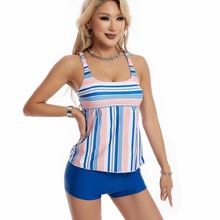 欧美新款坦基尼条纹印花高腰平角裤加肥加大码保守游泳衣女士泳装
