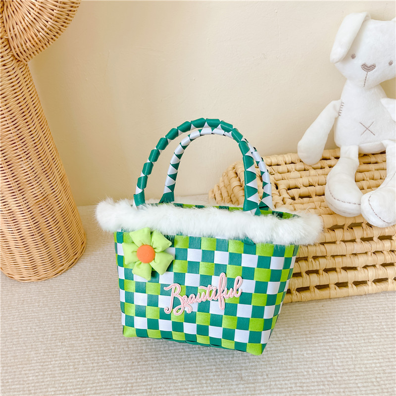 Nueva cesta de alimentos Internet celebridad bolso mano-llevar a cuadros Arco Iris tejido pequeño bolso cuadrado de las niñas de dibujos animados de ajedrez bandeja de almacenamiento bolsa