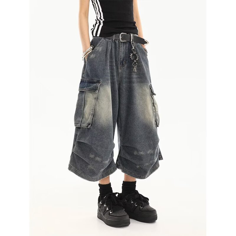 Regular Brandless Summer Cropped Pants with Multi-Pocket Design, Cargo Denim Cropped Shorts for Women, Straight Pants, High Waist