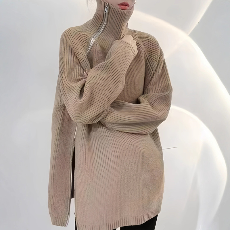 Gray Double-Ended Zipper Turtleneck Lazy Style Knitwear Jacket Autumn and Winter New Loose Large Size Cross-Border Export Knitwear