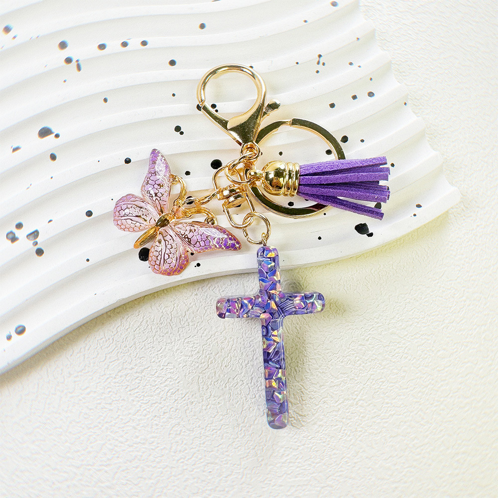 16g Weight Sequins Inlay Material Keychain Classification Daily Occasion Epoxy Material Cross, Butterfly Pattern Women's Gender Sweet Style Cross Butterfly Keychain Epoxy Sequins Women's Sweet Keychain 7