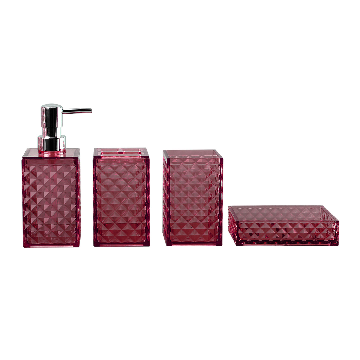 Cuarto de baño de plástico de cuatro piezas de diamante transparente Plaid fábrica al por mayor lavado baño enjuague bucal cepillo titular de cuatro piezas conjunto