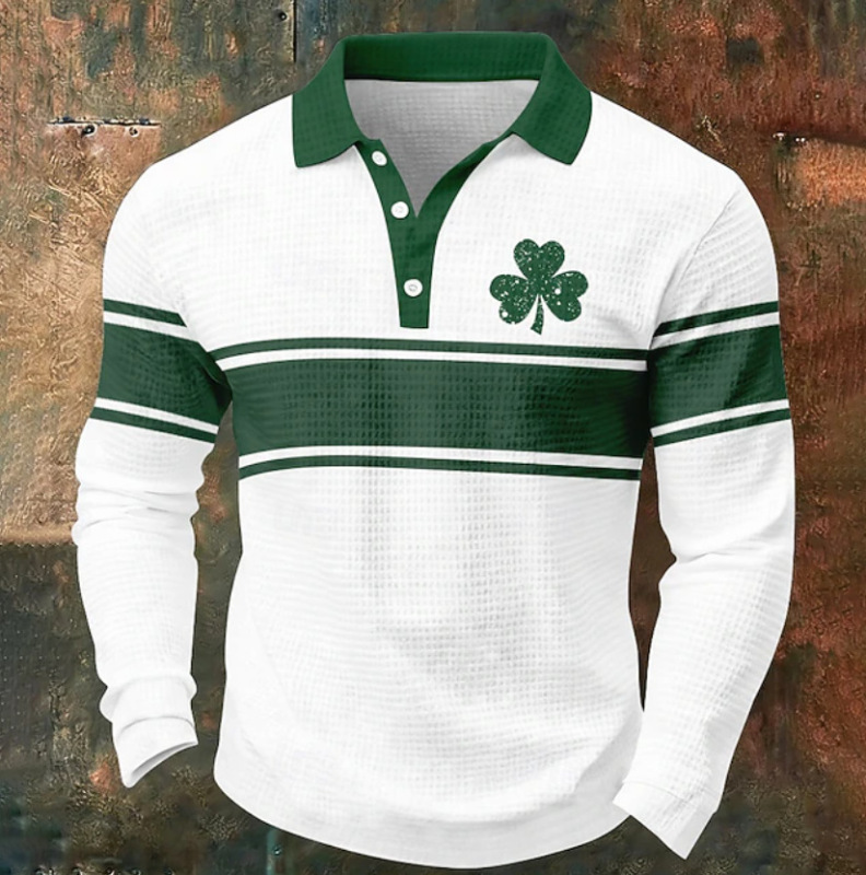 Cross-Border Foreign Trade St. Patrick's Day Men's Clover Waffle Long-Sleeve Polo Shirt Casual Everyday Wear Cross-Border Foreign Trade St. Patrick's Day Men's Clover Waffle Long-Sleeve Polo Shirt Casual Everyday Wear