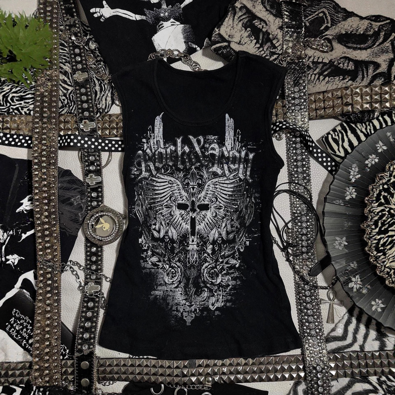 Summer American Retro Gothic Punk Print Hot Girl Vest Y2K New High Street Subculture Top Summer American Retro Gothic Punk Print Hot Girl Vest Y2K New High Street Subculture Top