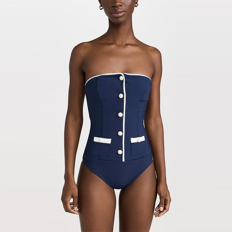 Navy Blue One-piece Swimsuit With Shorts High-cut Slimming Style_voghion.com
