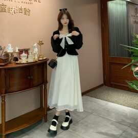 2026秋装大码女装新款胖mm假两件丝绒连衣裙女蝴蝶结上衣拼接裙子