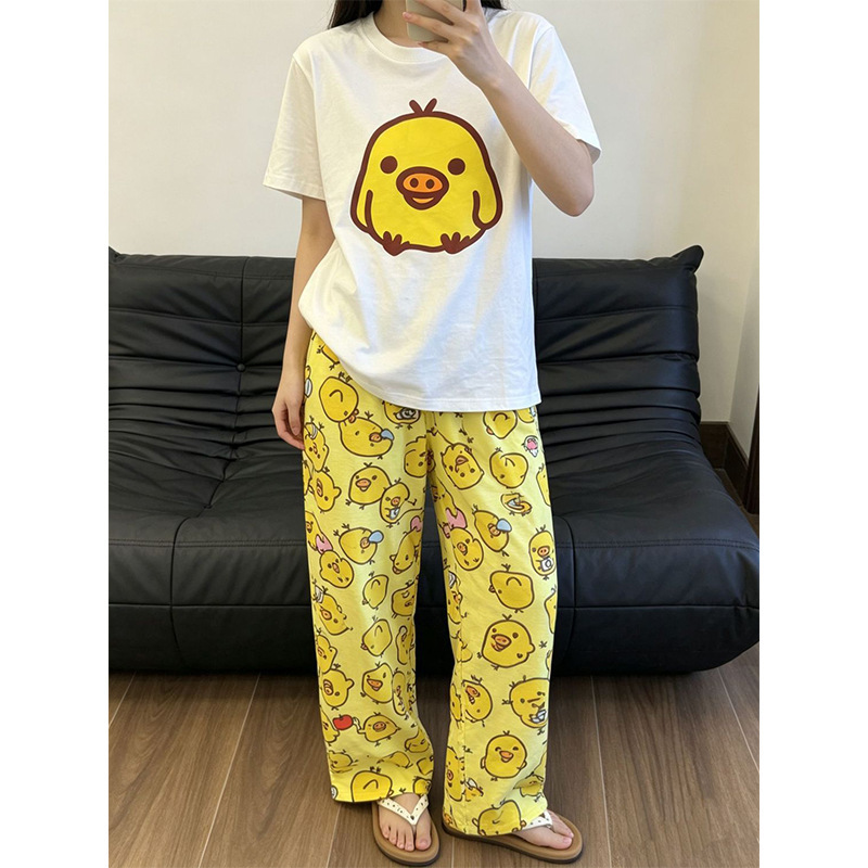 Cartoon Chick Pure Cotton Short-Sleeve Top + Cloud Cotton Snotty Pig Walking Pants, Sweet and Comfortable Loungewear for Girls, Can Be Worn Outside