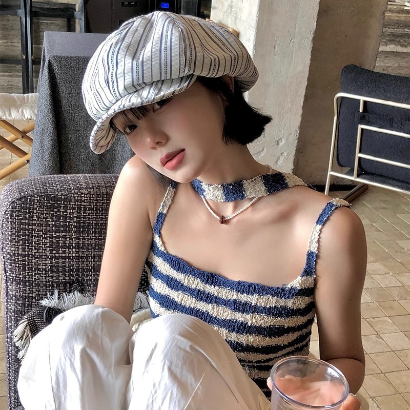 レトロストライププリーツベレー帽女性の春と夏のニッチ不規則な大きな頭囲顔を小さくする日焼け止め画家の帽子|undefined